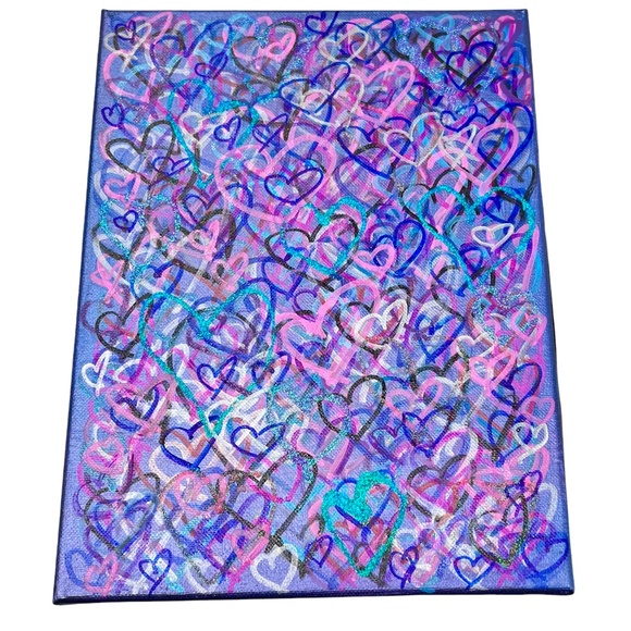 HANDCRAFTED MIXED MEDIA COLORFUL GRAFFITI HEARTS - SHADES OF PURPLE, BLUE & PINK - Picture 8 of 12
